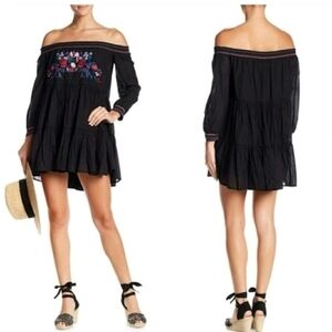 FREE PEOPLE Sunbeams Embroidered Boho Mini Dress Black